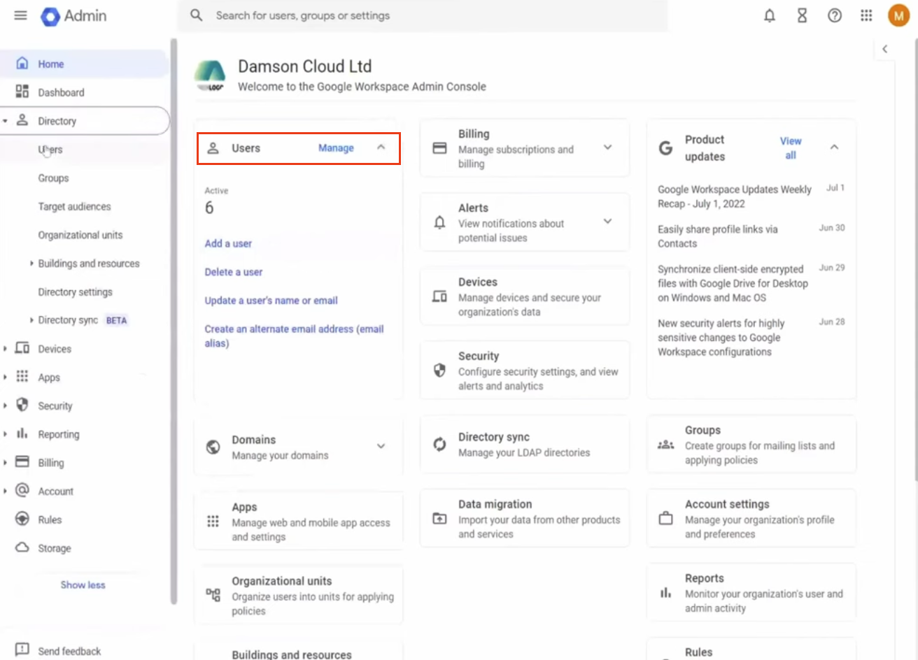 Step 2: Users section in the Google Admin Console