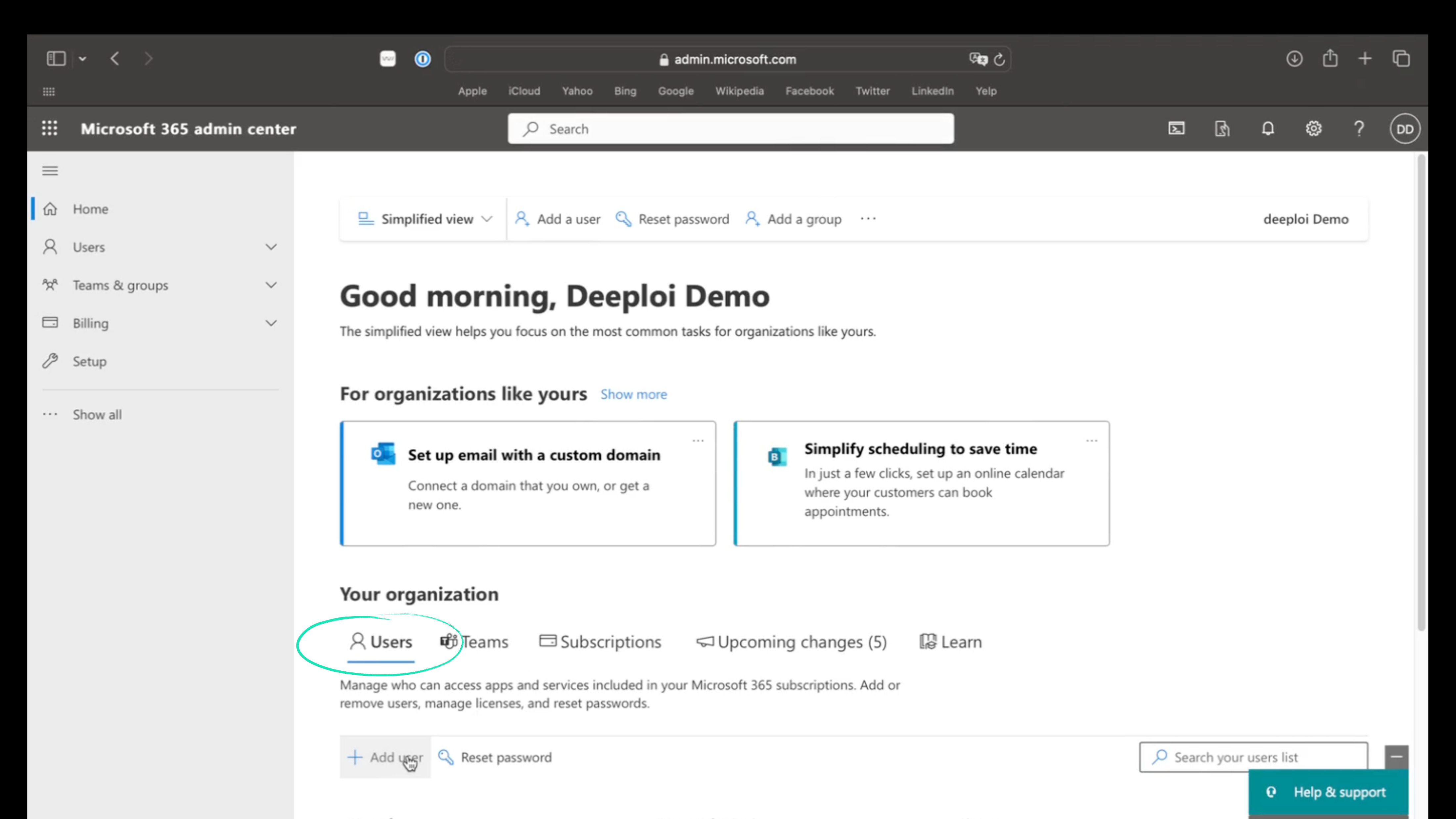 Step 2: Add user button in admin.microsoft.com