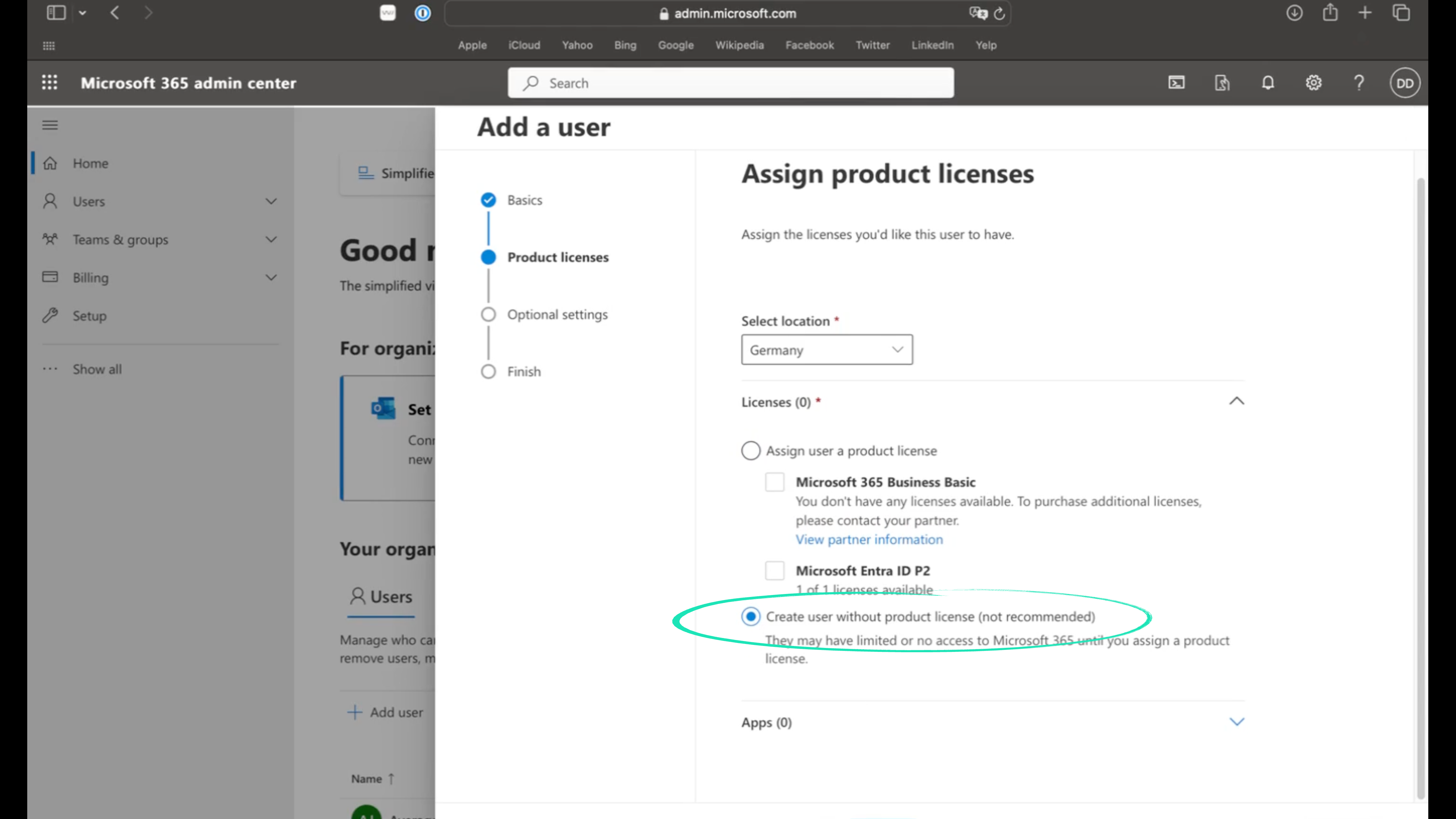 Step 6: Create without product license selected