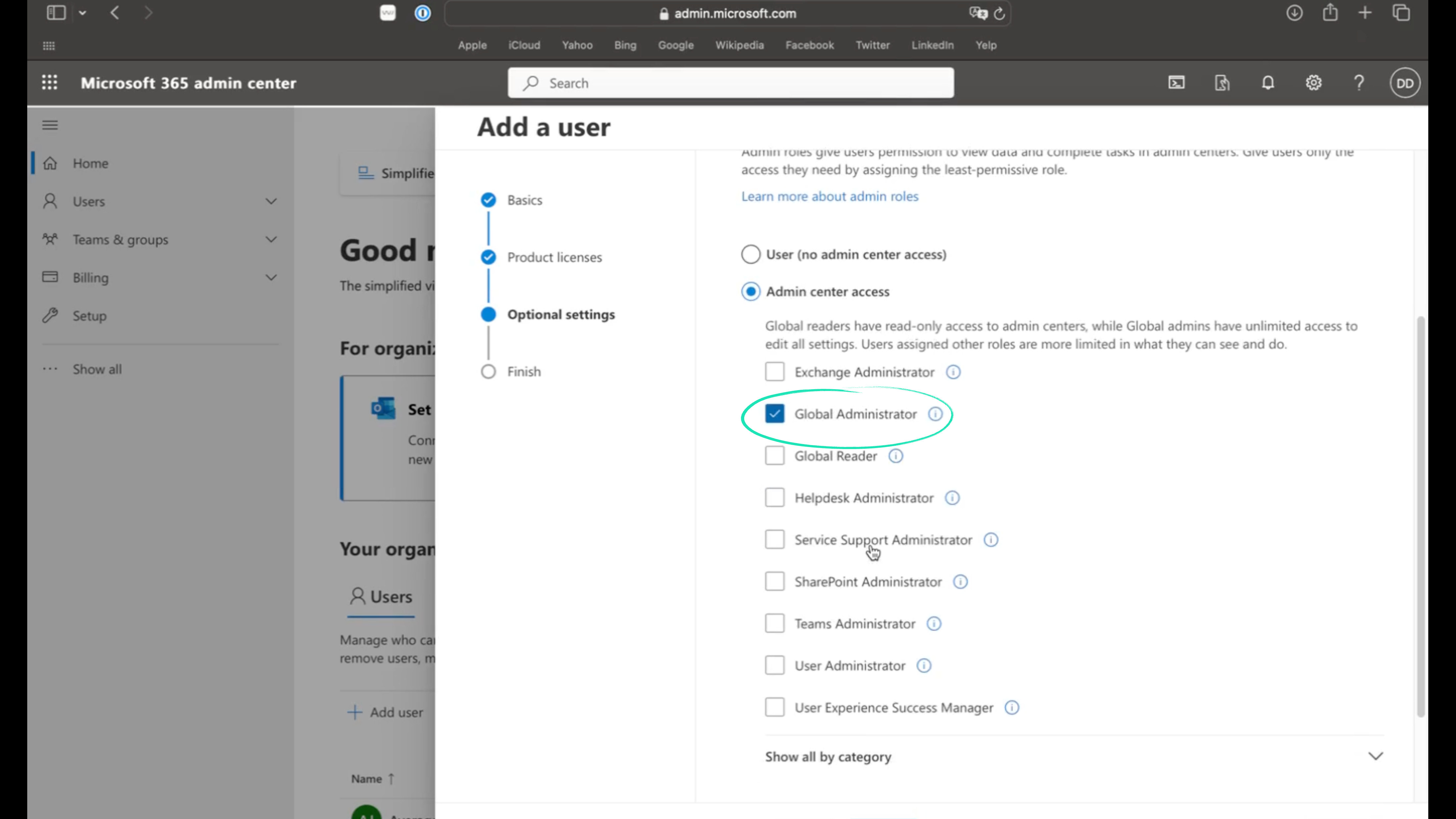 Step 7: Global Administrator role selected
