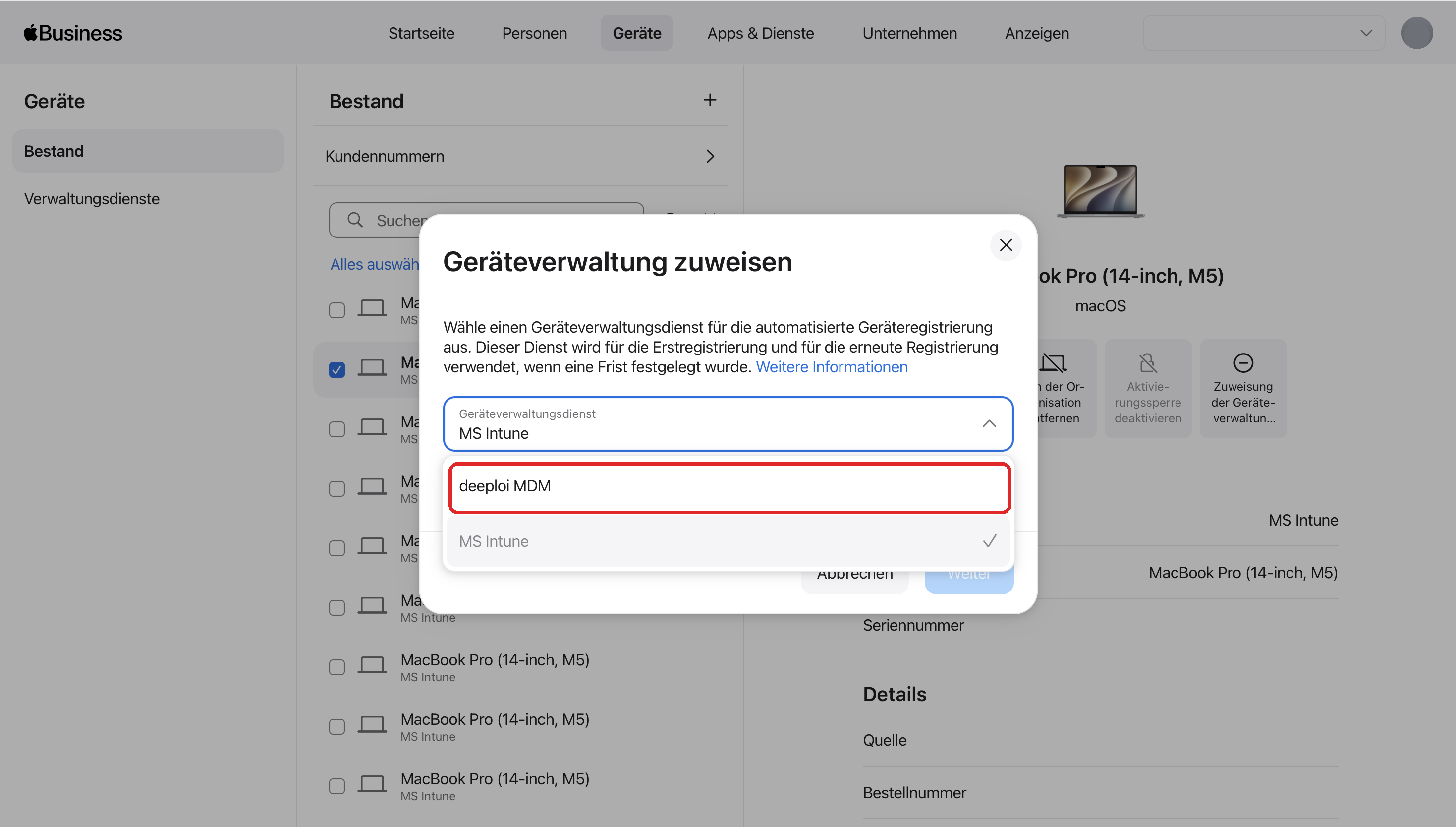 Selecting deeploi MDM as the device management service