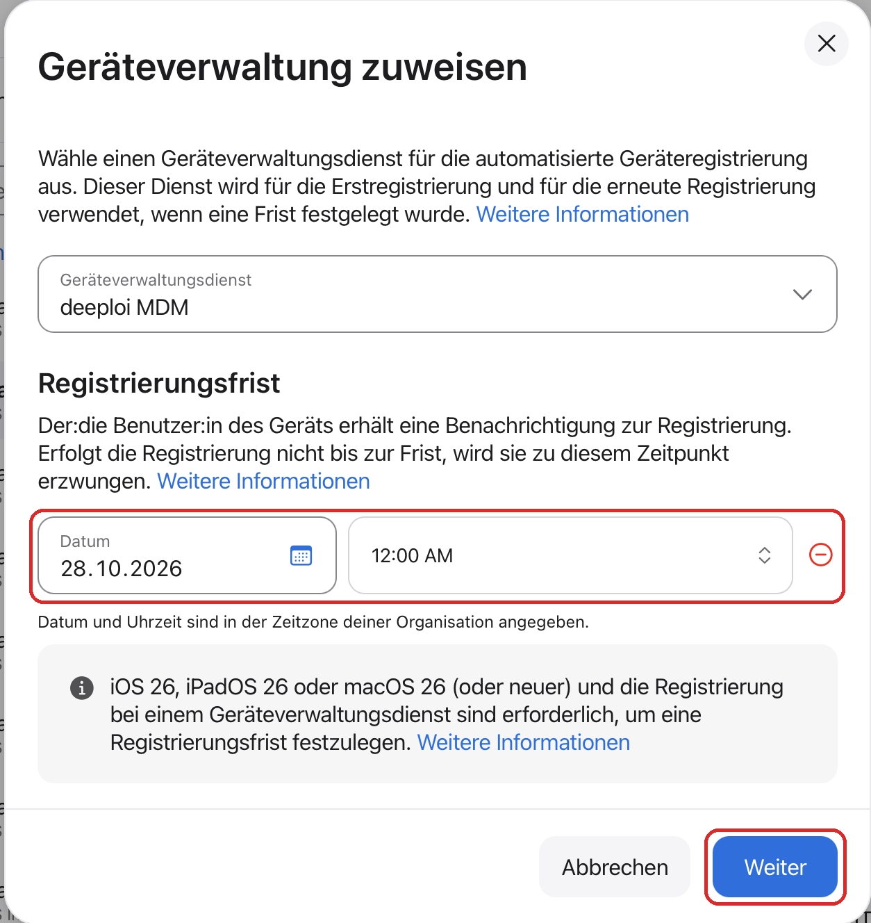 Setting the enrollment deadline in Apple Business