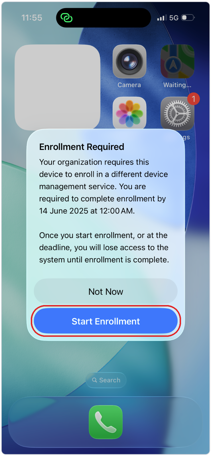 Enrollment Required notice on iPhone