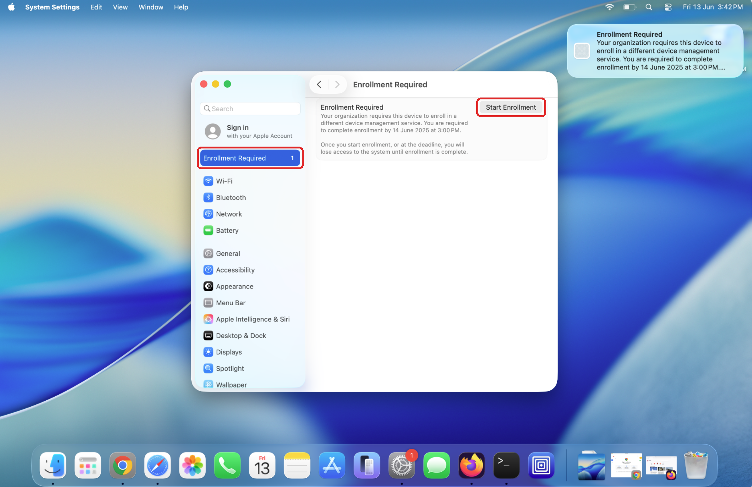 Enrollment Required notice in System Settings on Mac