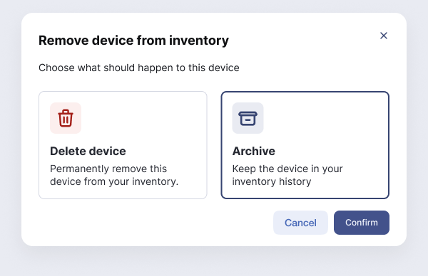 The Remove device from inventory dialog with the Delete device and Archive options