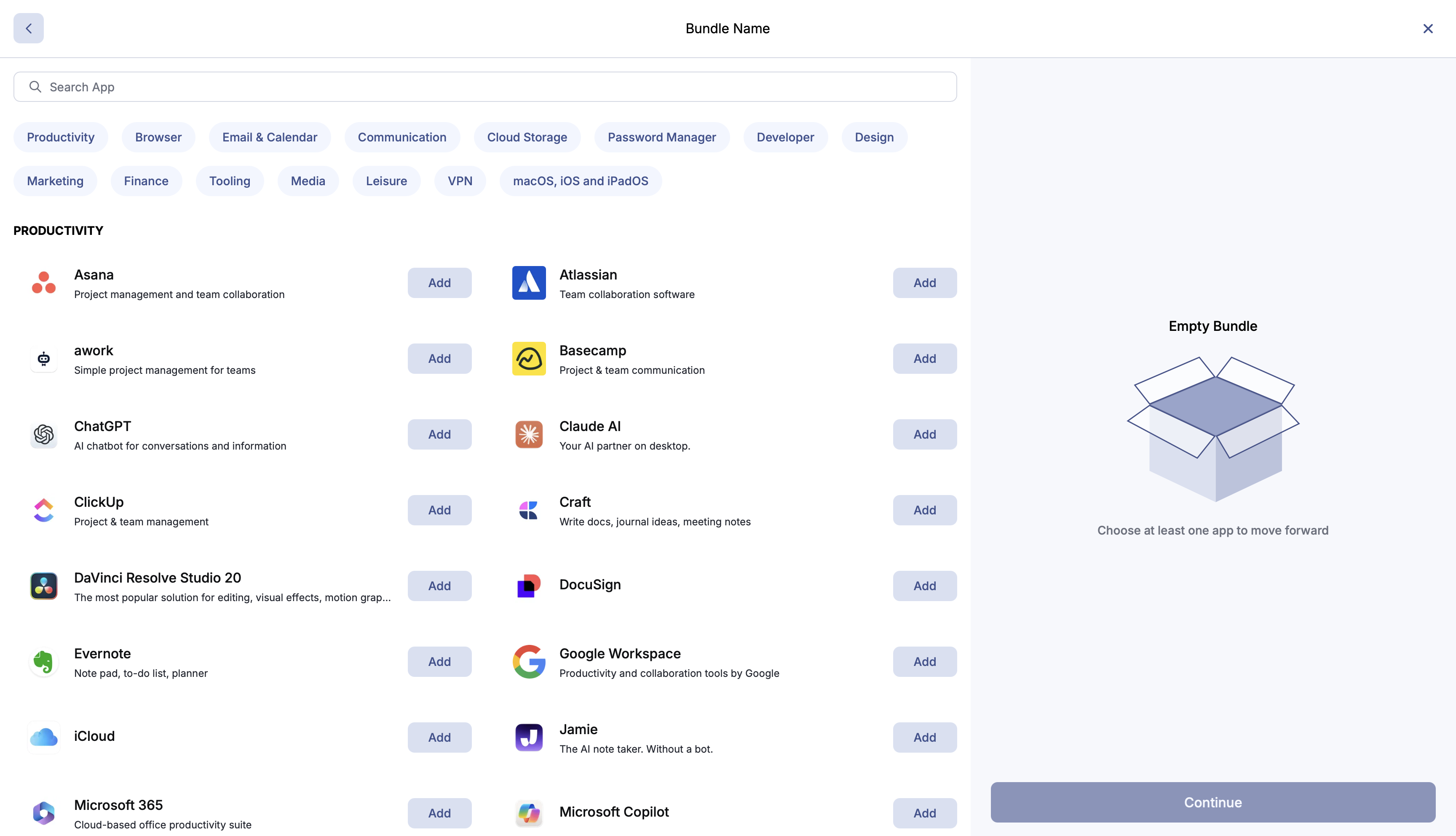 Selecting apps from the catalog