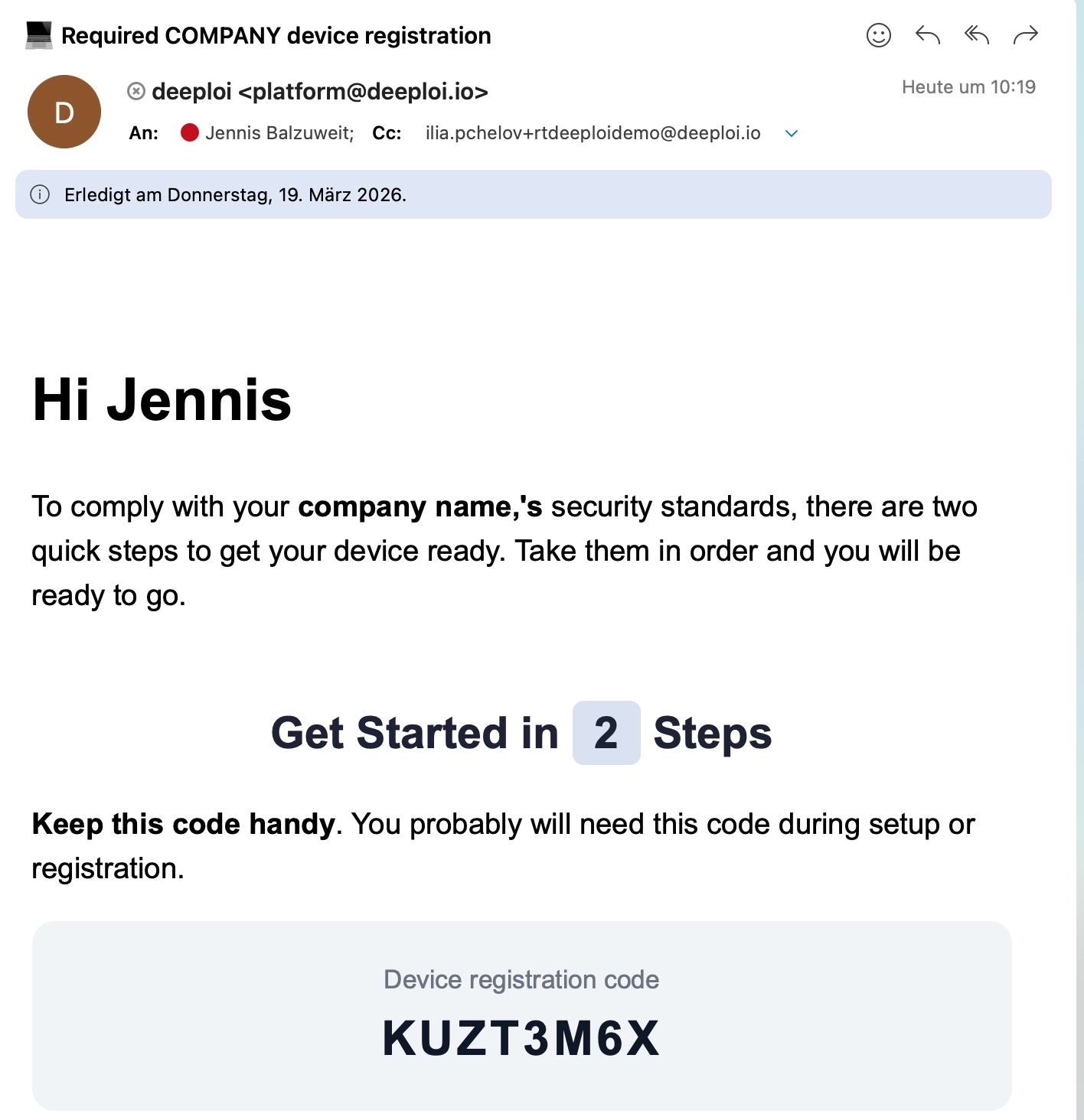 Registration email in the inbox