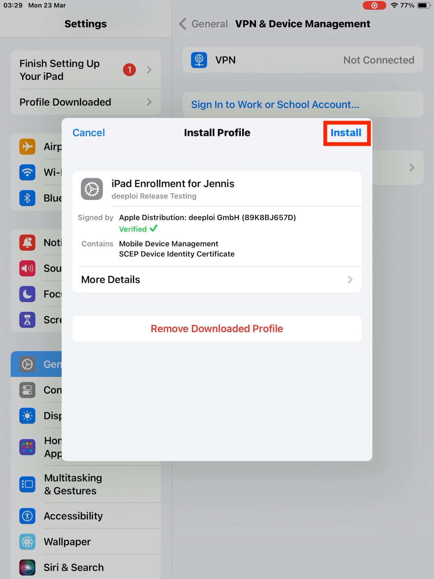 Auf Installieren und dann Vertrauen tippen
