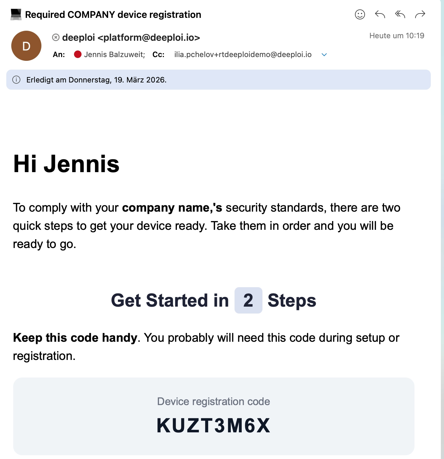 Registration email in the inbox