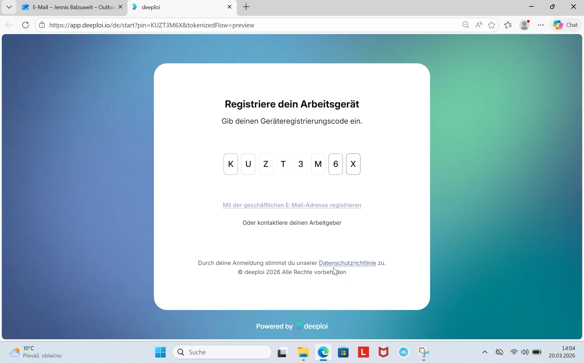 Registrierungscode wird automatisch eingetragen