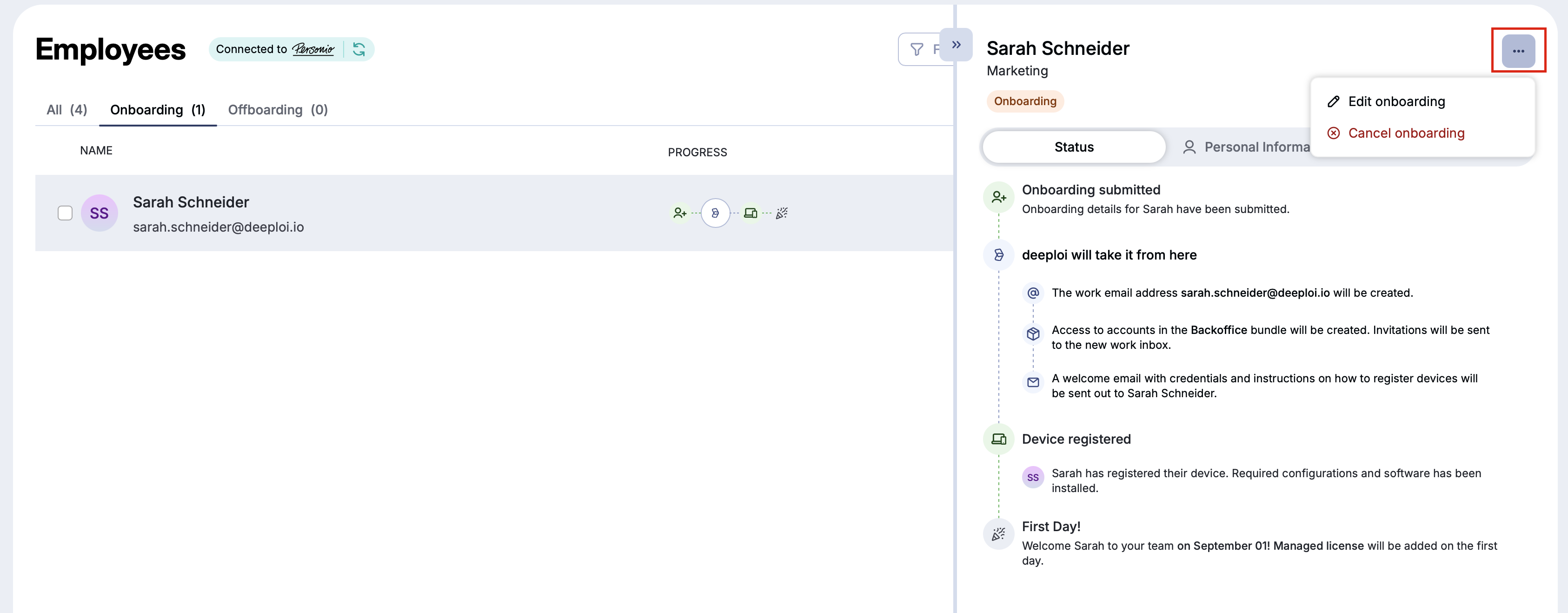 Three-dot menu in the employee profile