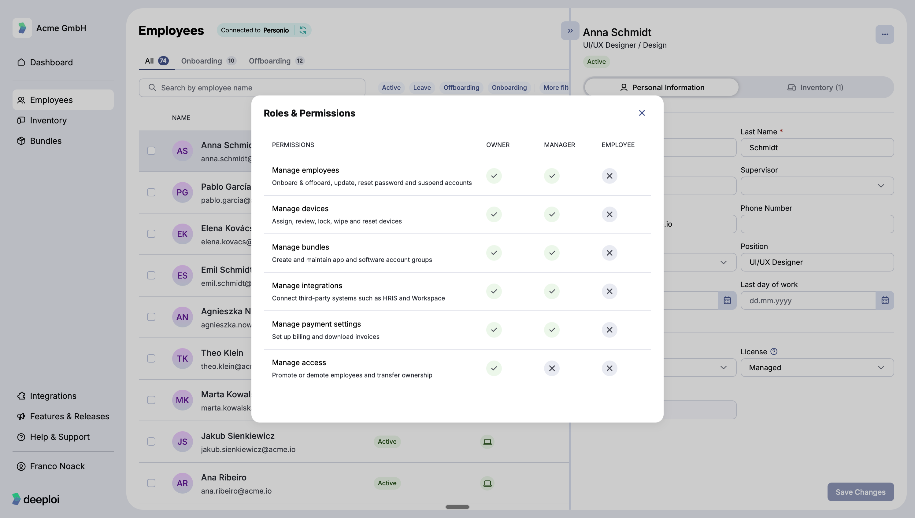 Übersicht Roles & Permissions im Dashboard