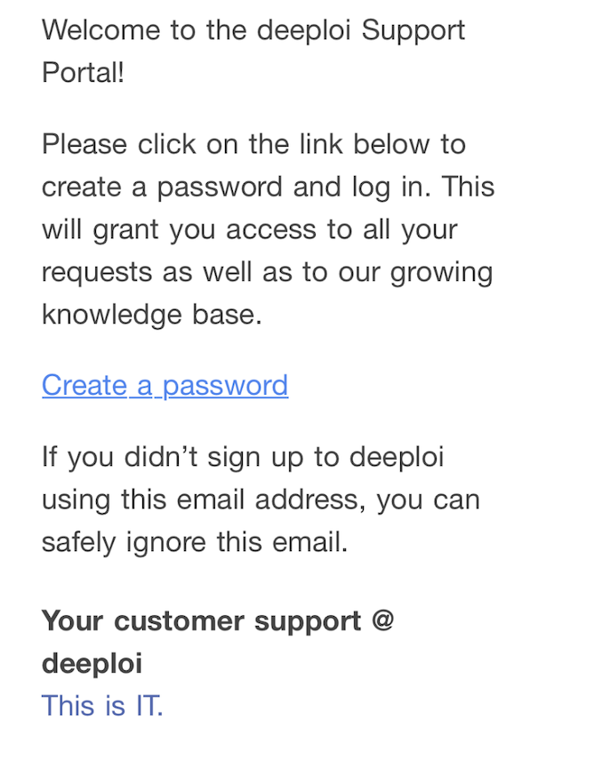 Create a password email, English part with the Create a password link