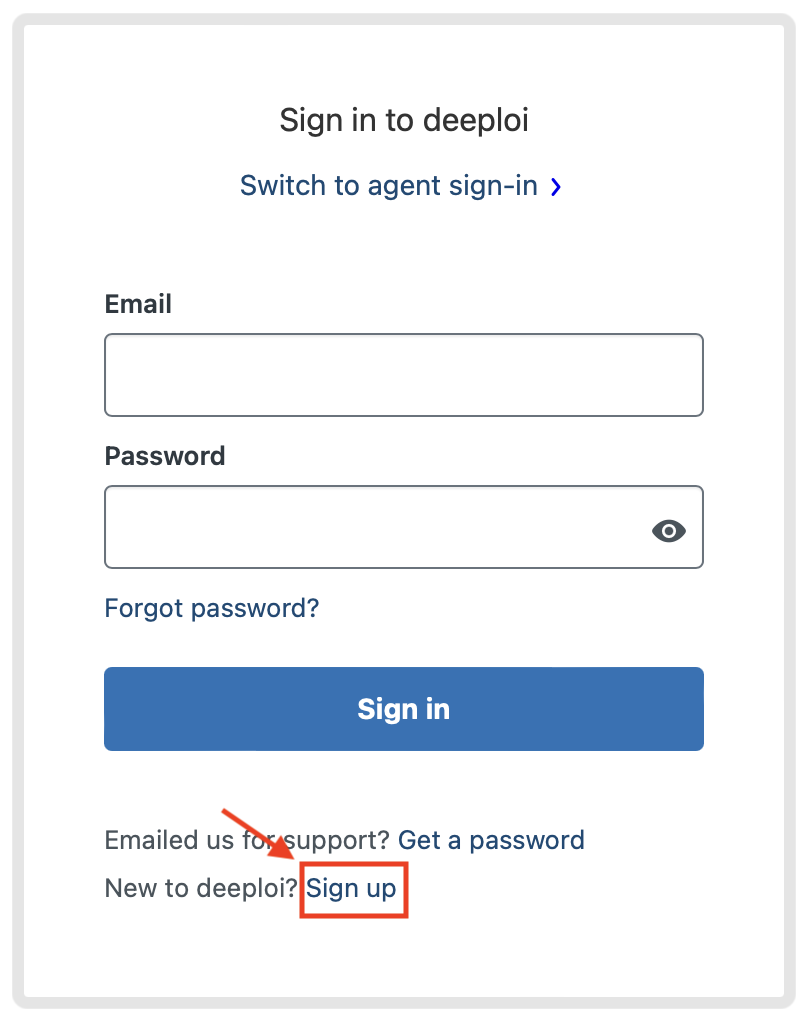 Sign up link on the Sign in to deeploi screen