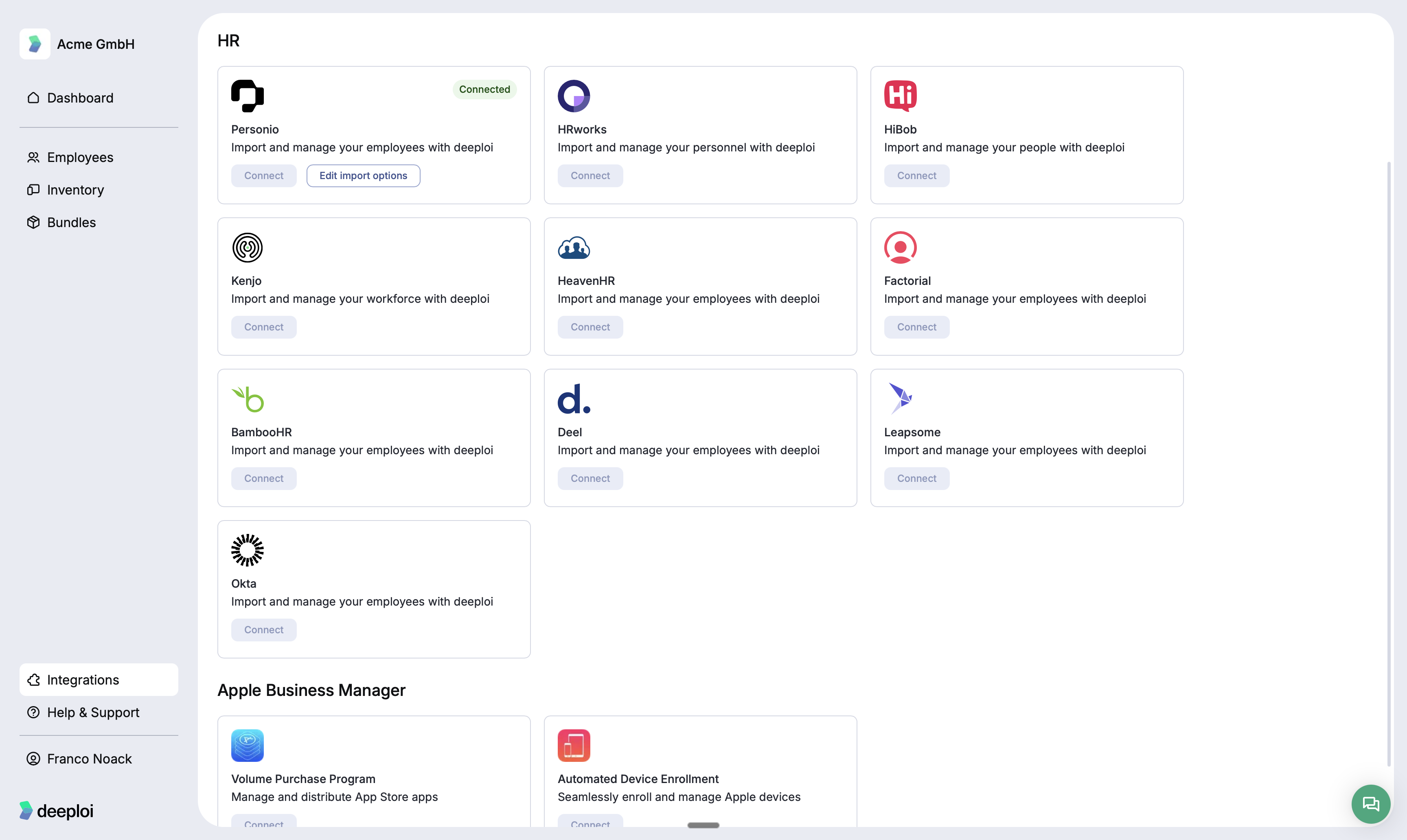deeploi Integrations page showing supported HR systems