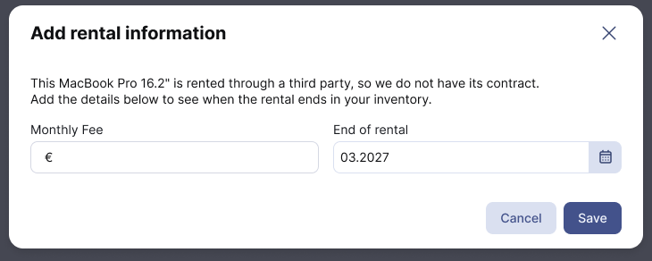 Add rental information dialog