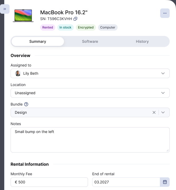 Rental Information you entered, in the device panel