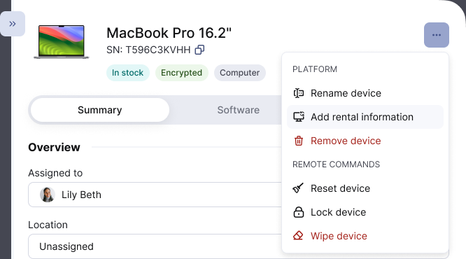 Add rental information in the device actions menu