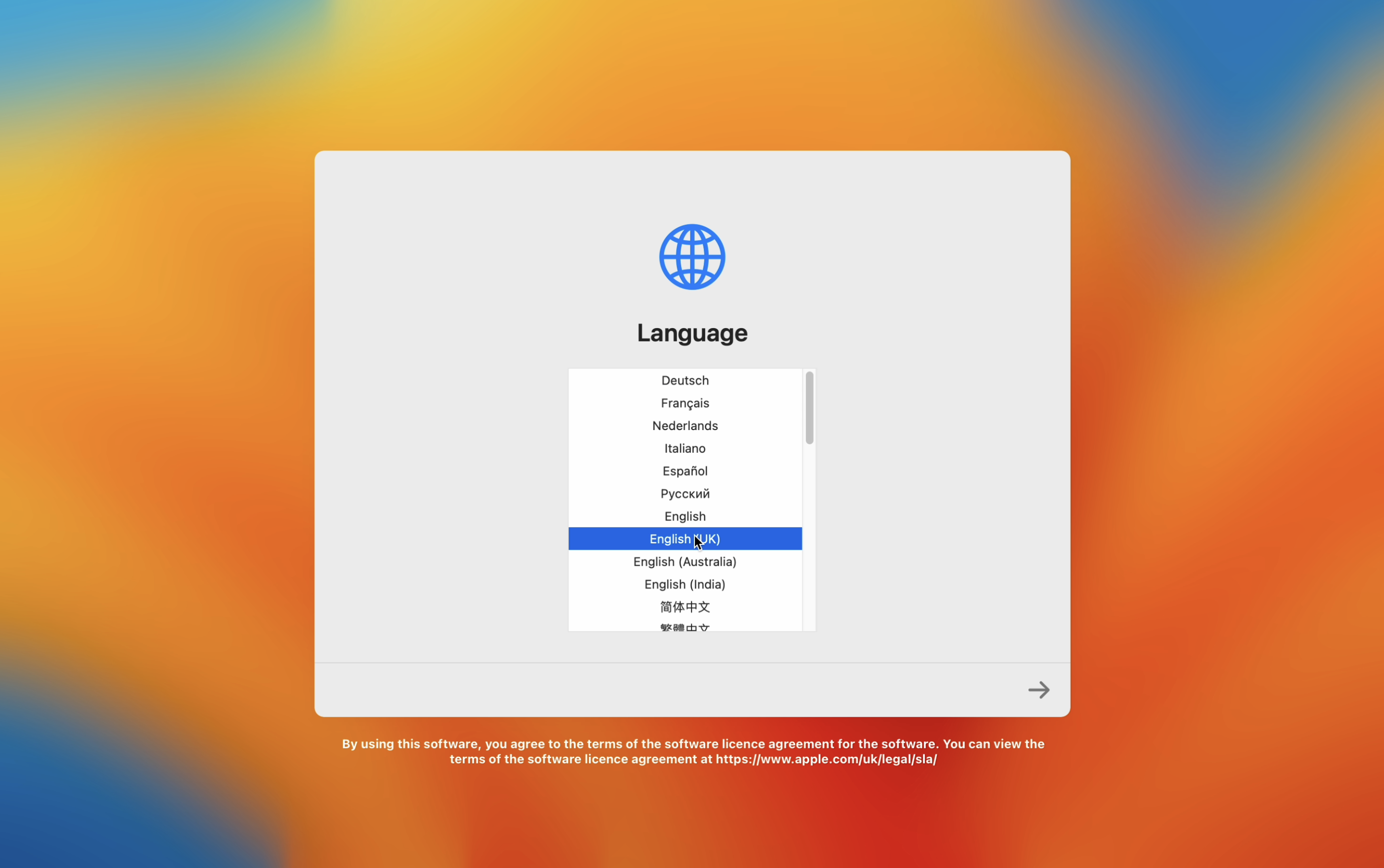 Sprachauswahl Screen
