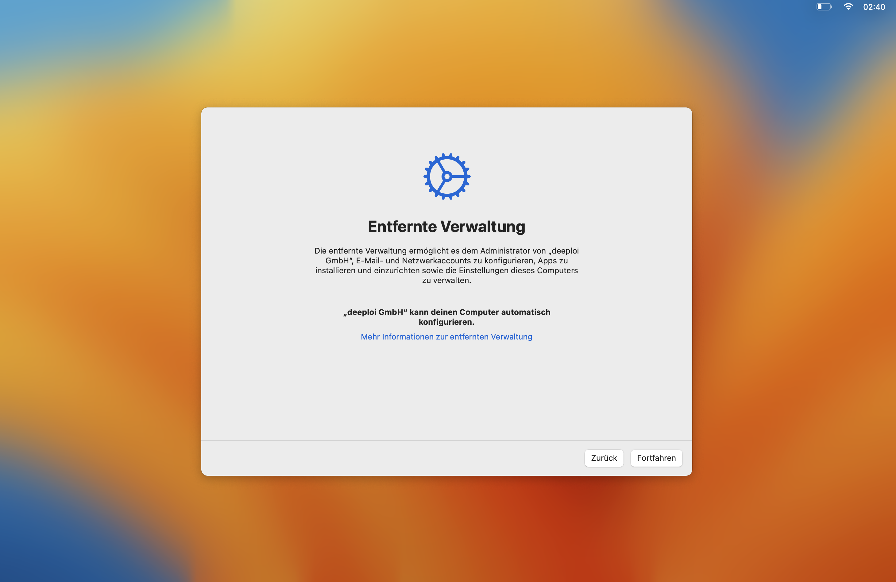 Fernverwaltungs-Screen — auf Fortfahren klicken