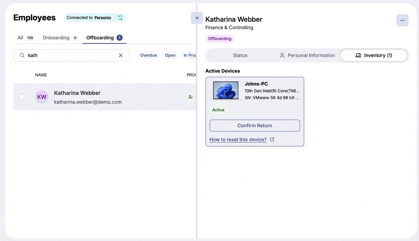 Device return confirmation in inventory tab