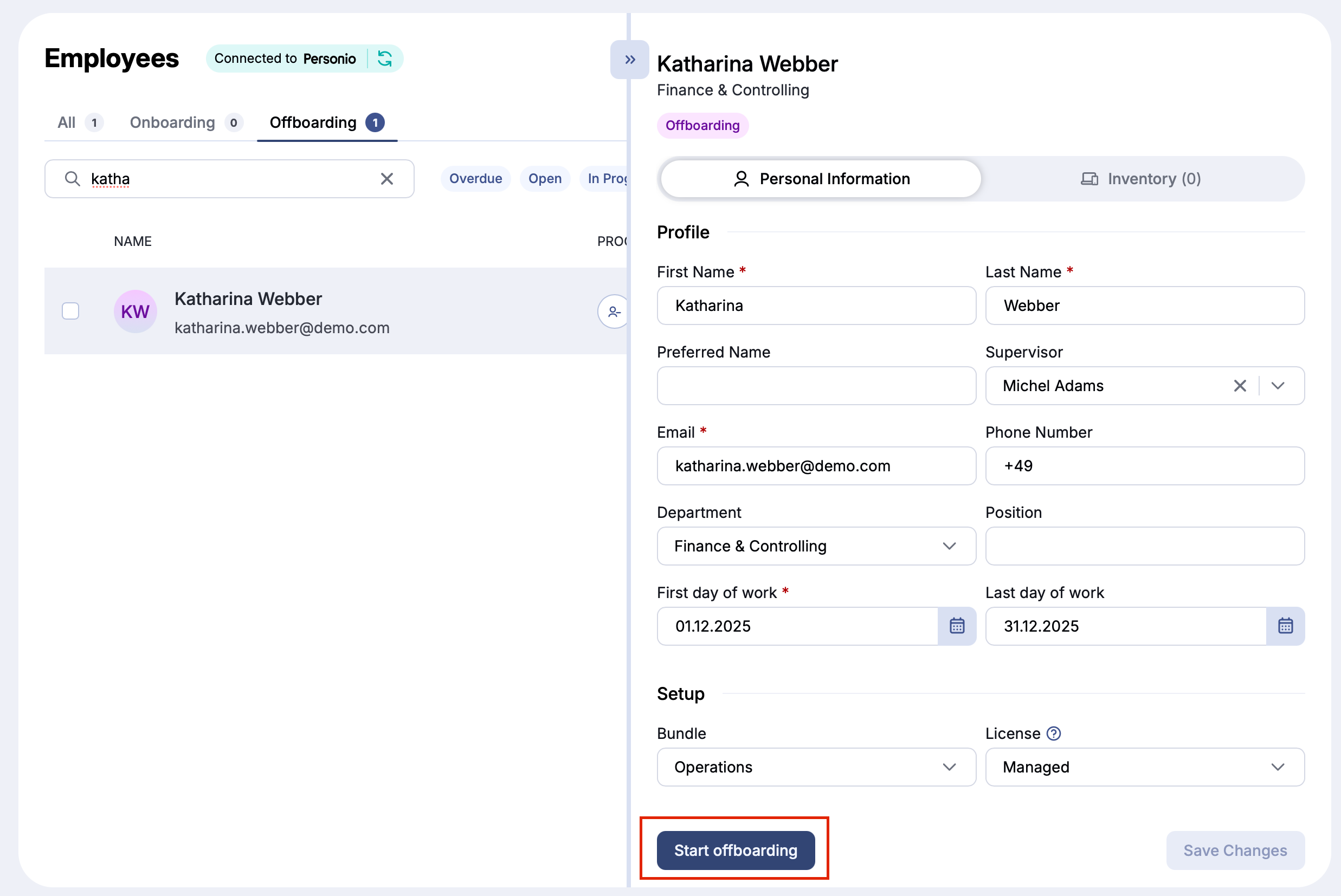 Start offboarding in employee profile