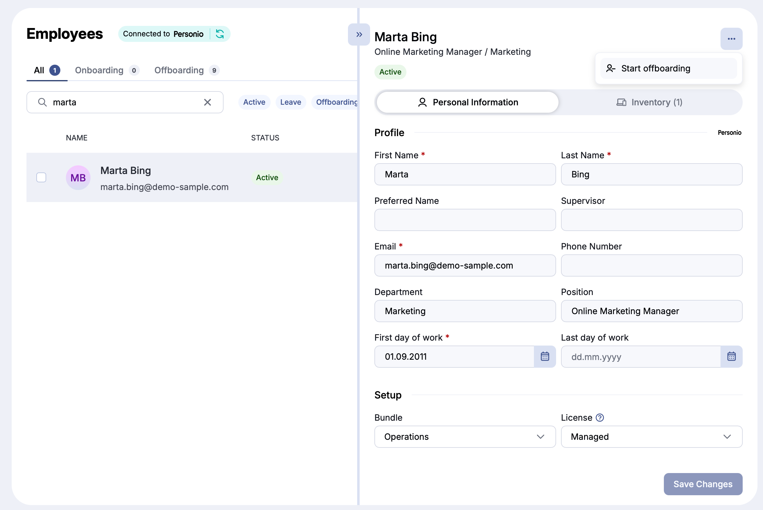 Start offboarding menu option