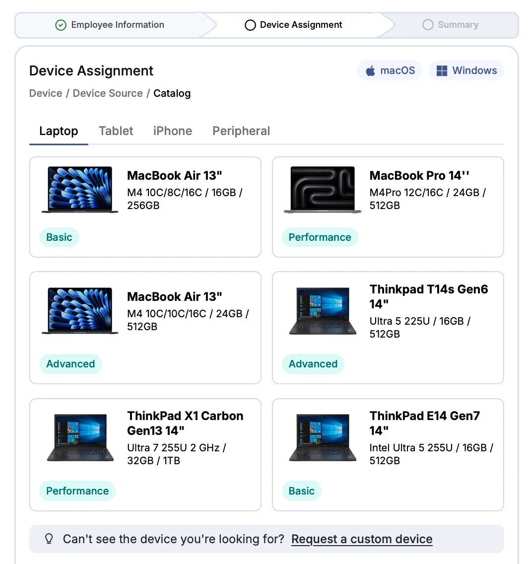 Device procurement catalog