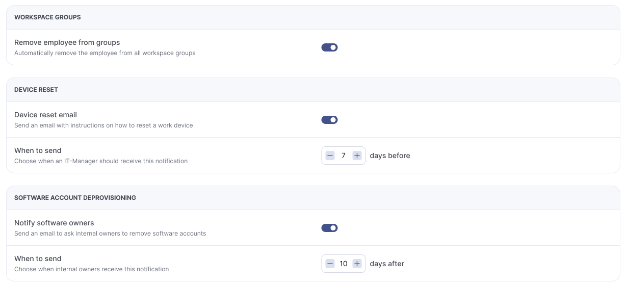 Die Bereiche Workspace groups, Device reset und Software account deprovisioning im Tab Offboarding