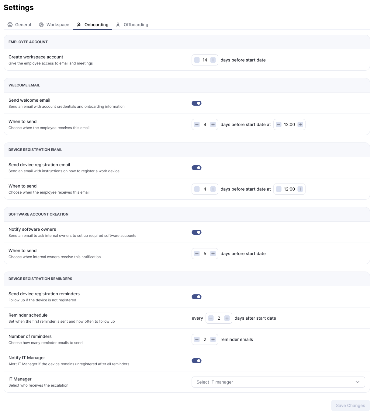 Tab Onboarding in Settings mit den Standardwerten