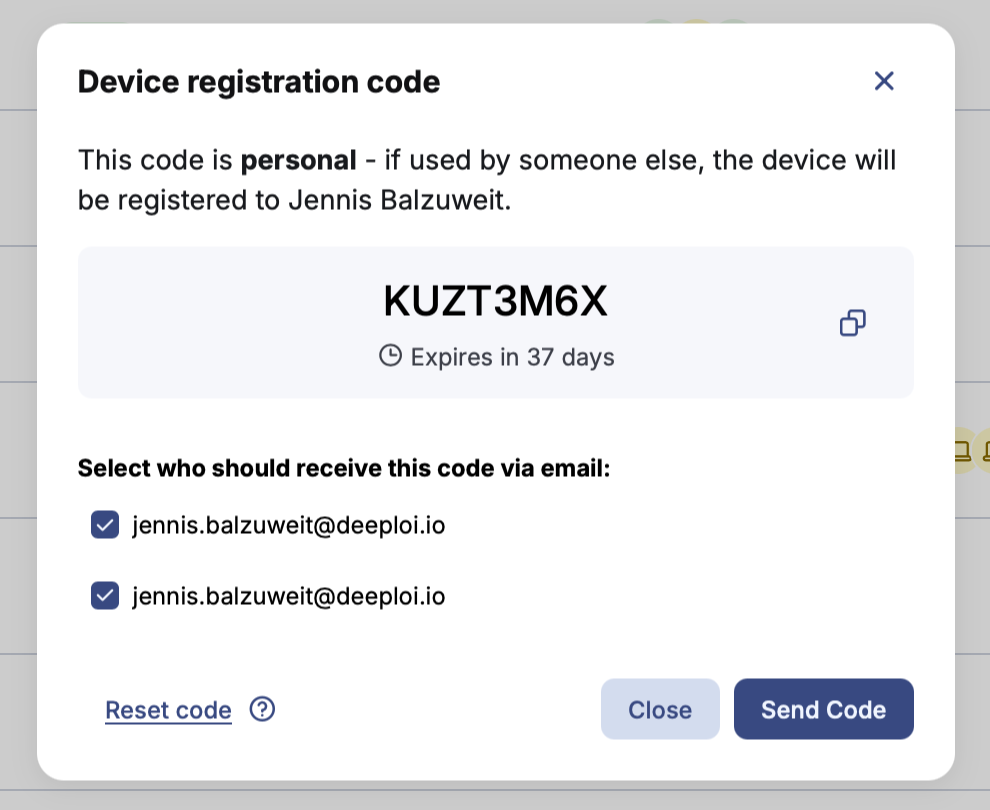 The device registration code window