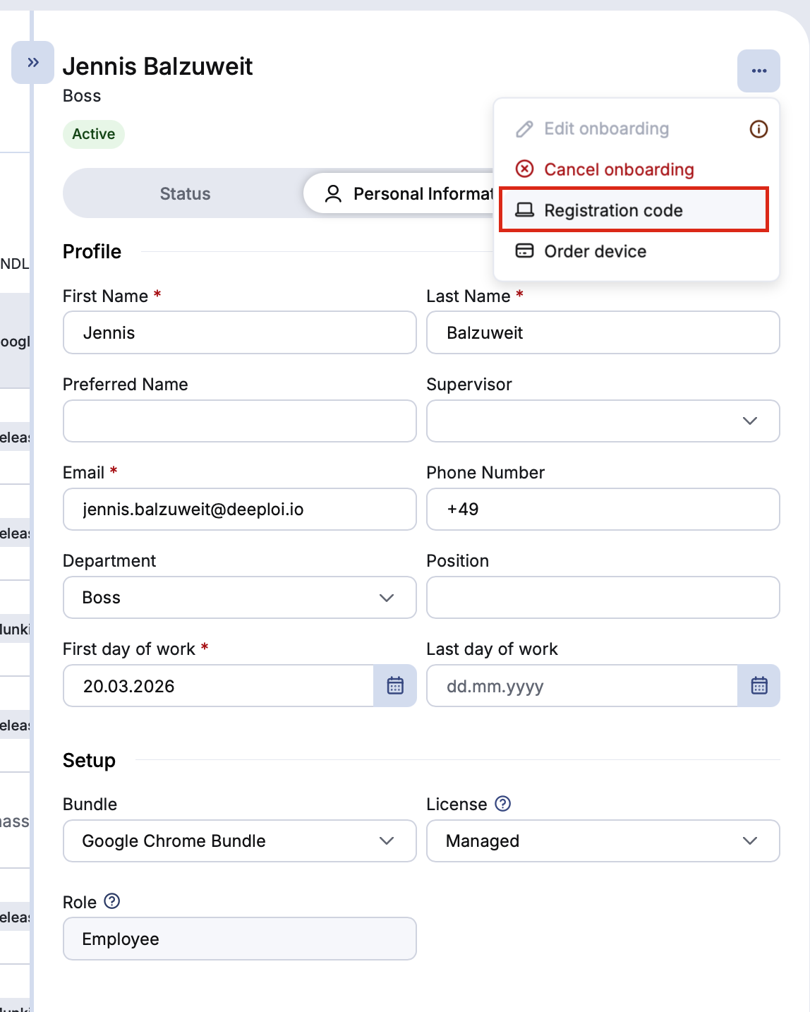 Registration code in the three-dot menu on the Personal Information tab