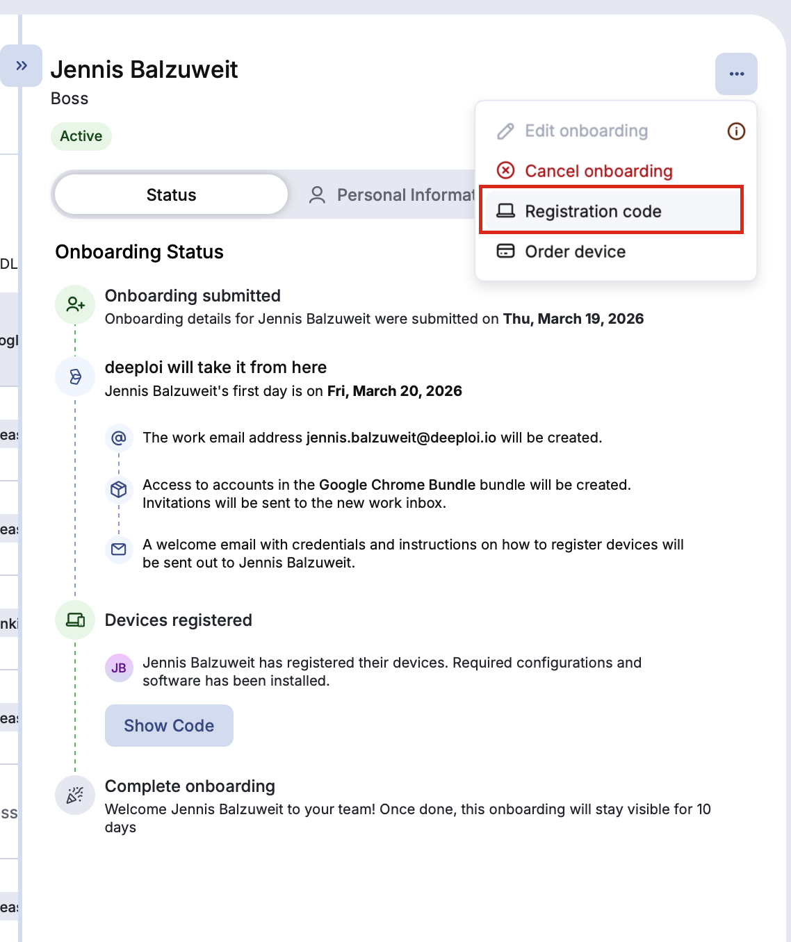 Registration code in the profile's three-dot menu