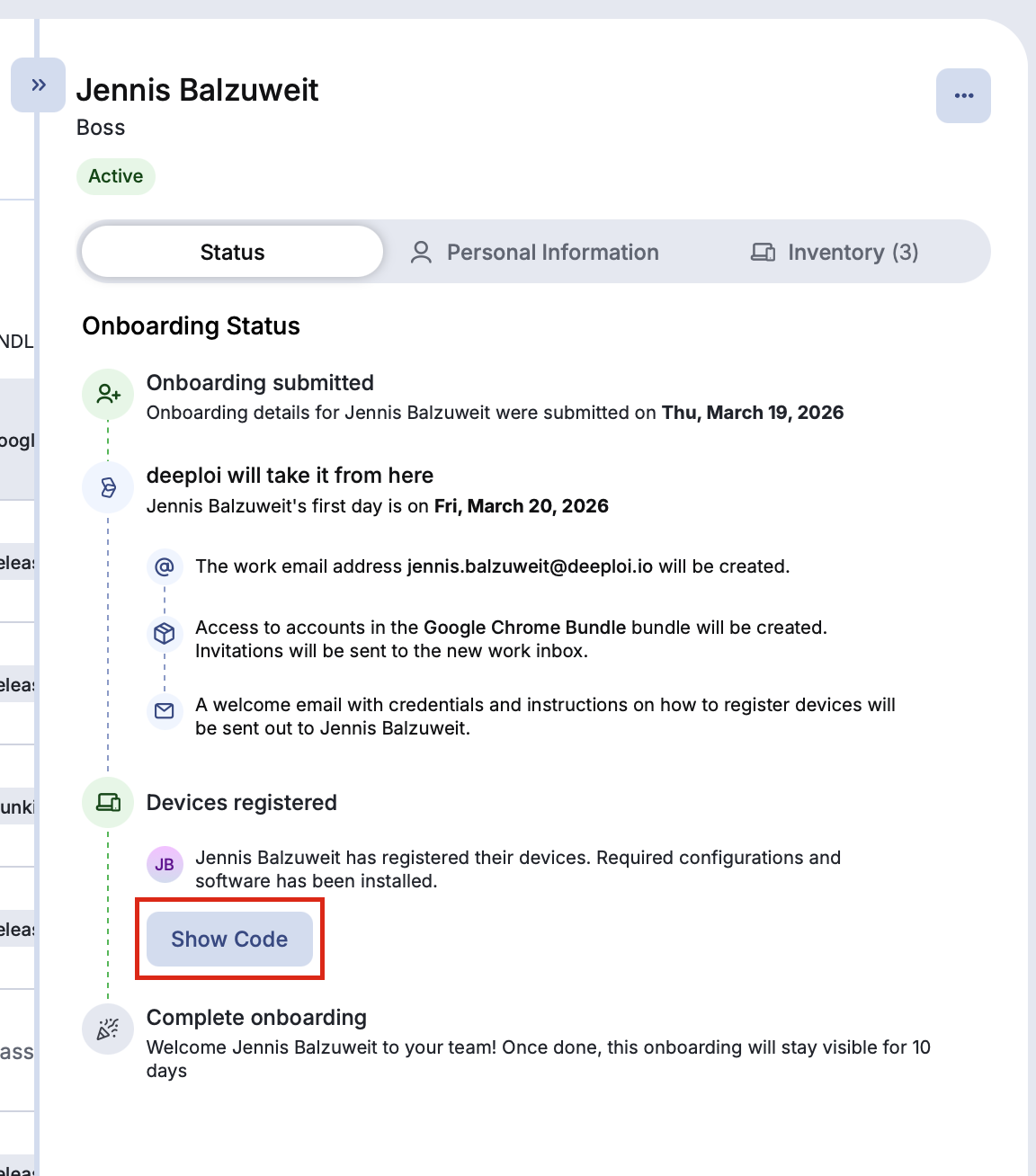 Show Code in the employee's onboarding status