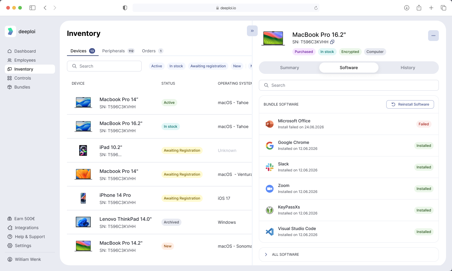 Software-Tab eines Geräts mit der Liste Bundle-Software und dem Button Software neu installieren