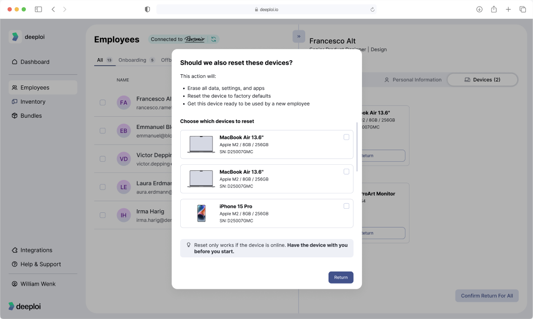 Confirming the device return and choosing which devices to reset