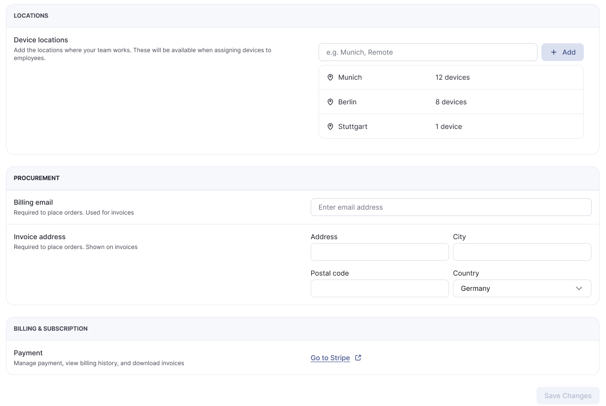 Die Bereiche Locations, Procurement und Billing & Subscription im Tab General