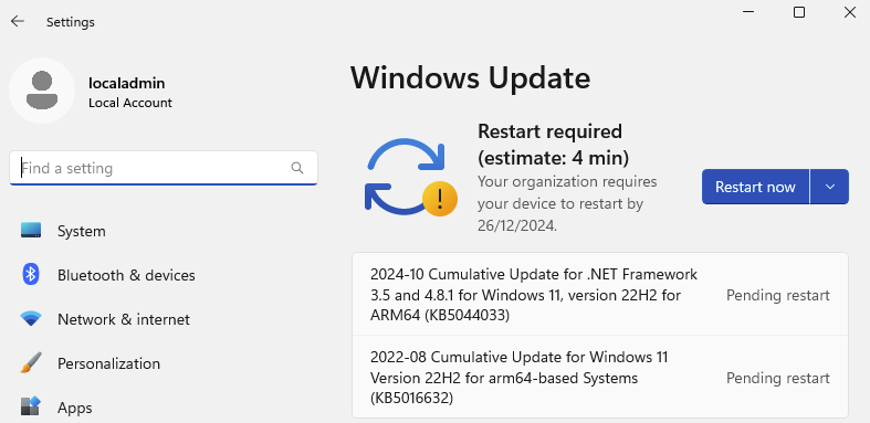 Windows Update settings with the Restart now button