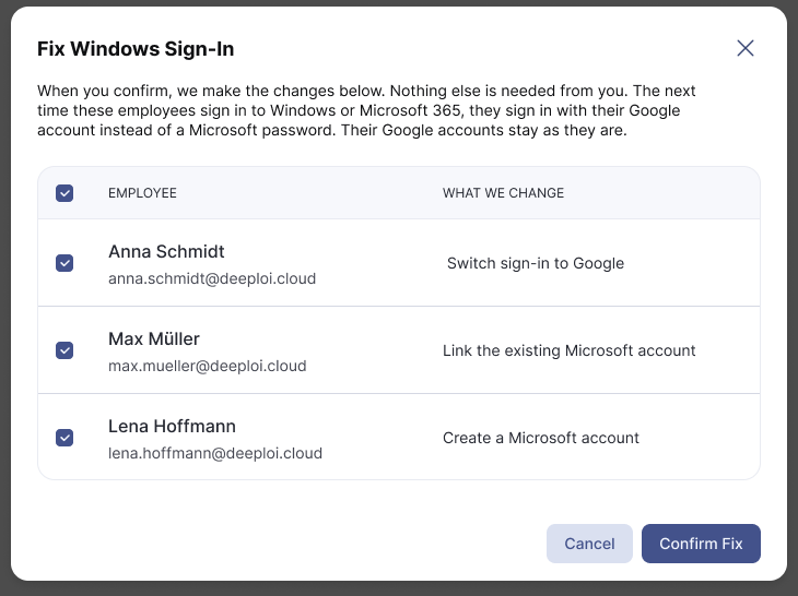 Fix Windows Sign-In dialog listing employees and what deeploi changes for each